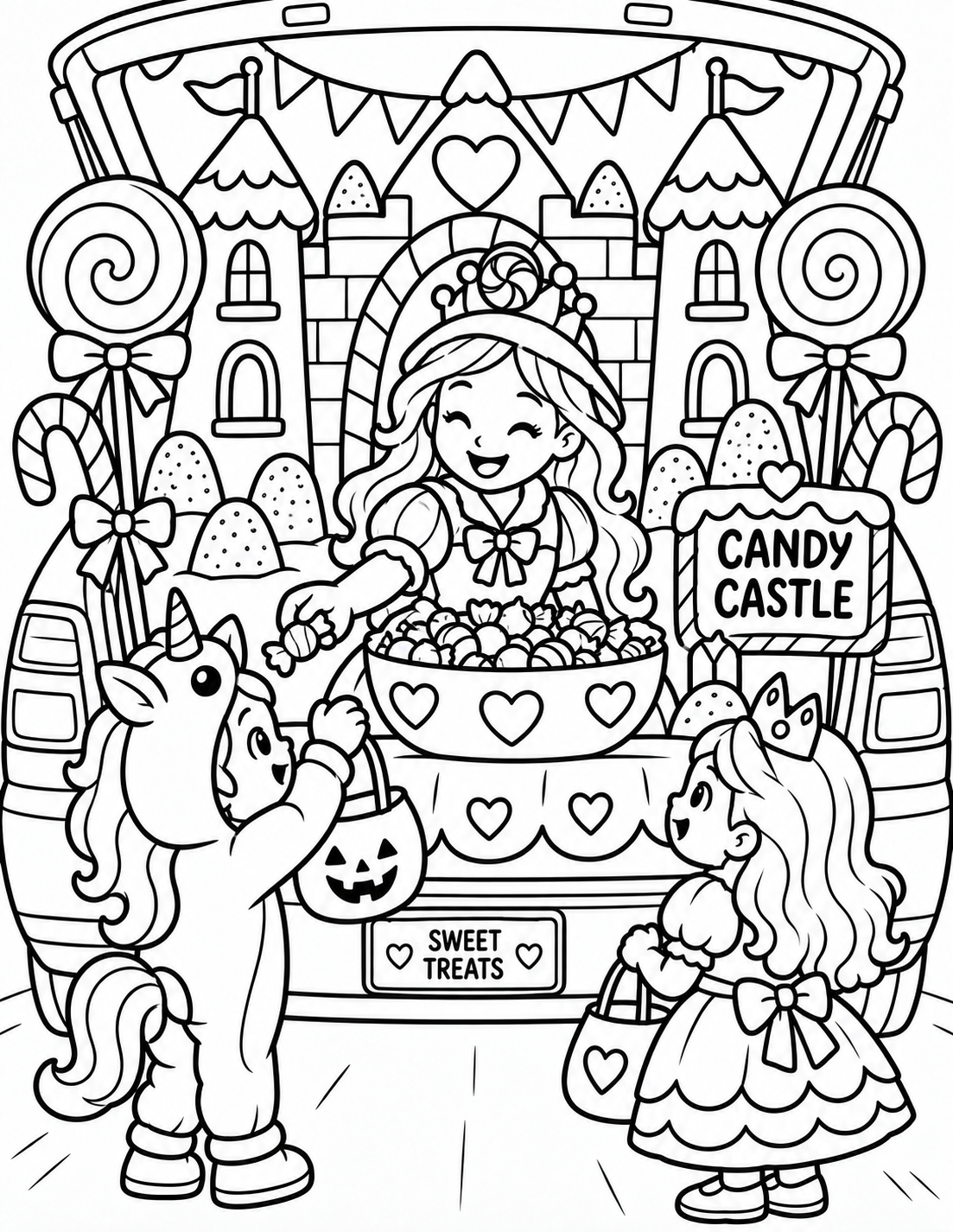 Black-and-white candy castle trunk coloring page from Renn's Trunk-or-Treat Coloring & Activity collection: a princess hands out sweets from a castle trunk made of lollipops and candy canes.