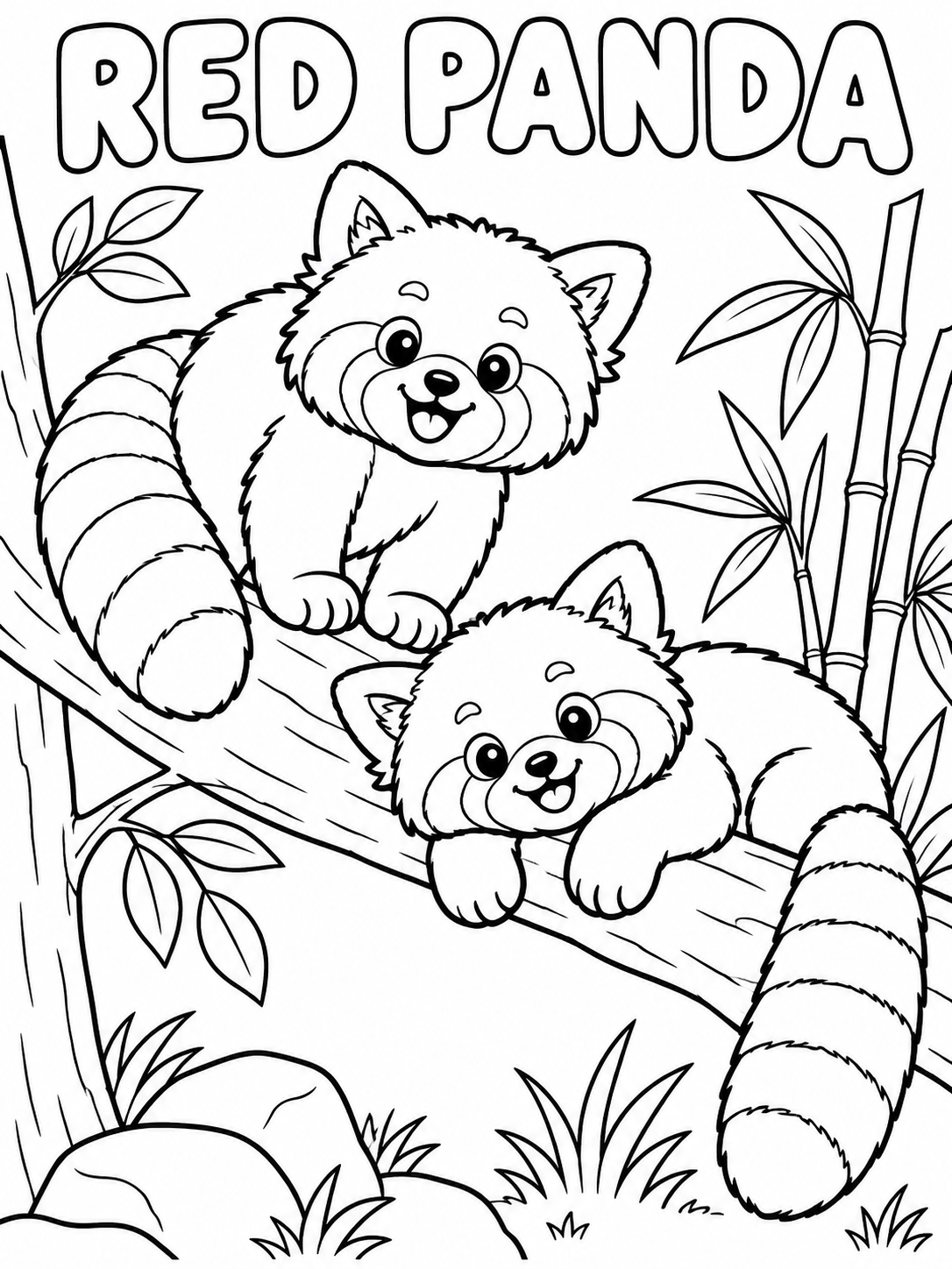 Black-and-white red panda coloring page from Renn's Zoo Animals collection: two red pandas rest in a tree among the bamboo.
