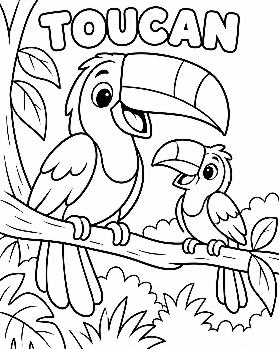 Black-and-white toucan coloring page from Renn's Zoo Animals collection: two toucans with big beaks sit on a jungle branch.