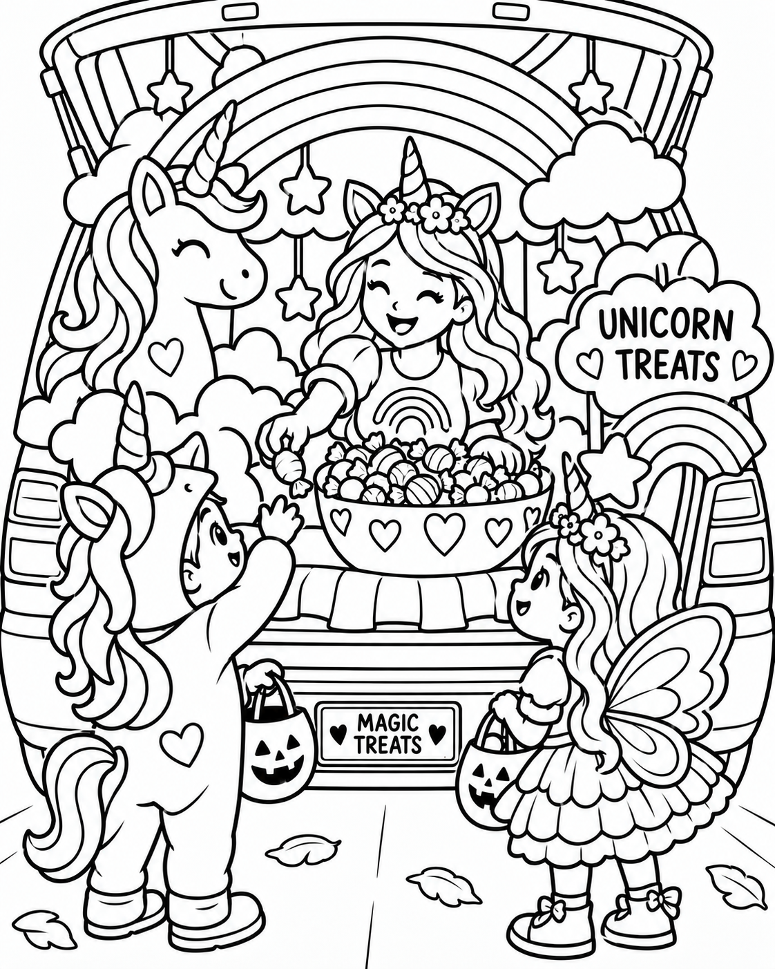 Black-and-white unicorn treats trunk coloring page from Renn's Trunk-or-Treat Coloring & Activity collection: a unicorn and a rainbow make a magical trunk full of Unicorn Treats.