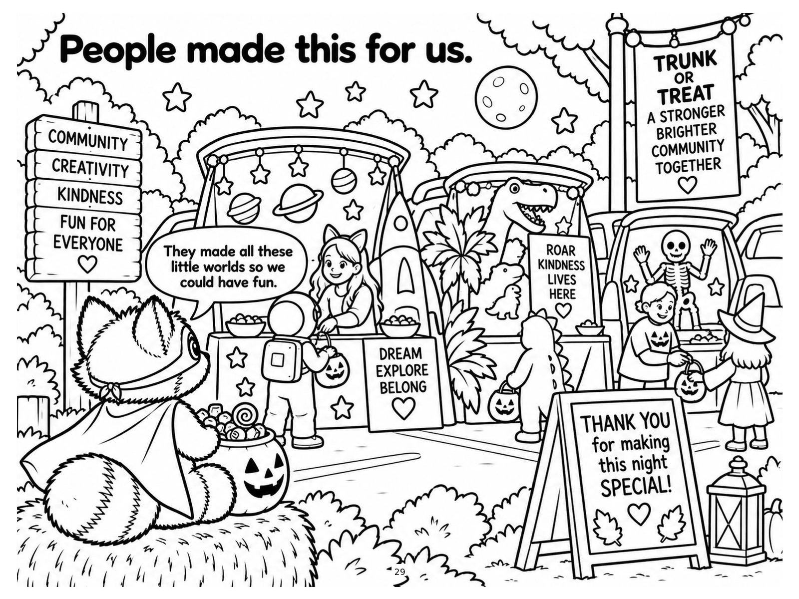 Black-and-white thank you sign coloring page from Renn's Trunk-or-Treat collection: a Thank You for Making This Night Special sign for the grown-ups who made it.