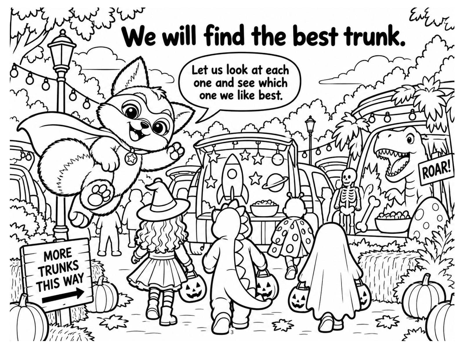 Black-and-white finding the best trunk coloring page from Renn's Trunk-or-Treat collection: Renn points the way past signs, a dinosaur trunk and lots of trick-or-treaters.