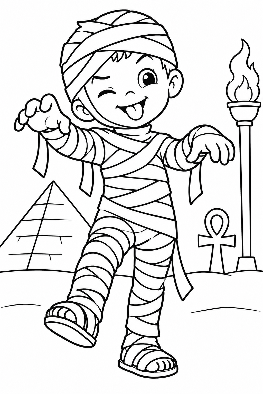 Black-and-white mummy costume coloring page from Renn's Trunk-or-Treat Coloring & Activity collection: a silly wrapped-up mummy waves beside a pyramid, an ankh and a flickering torch.