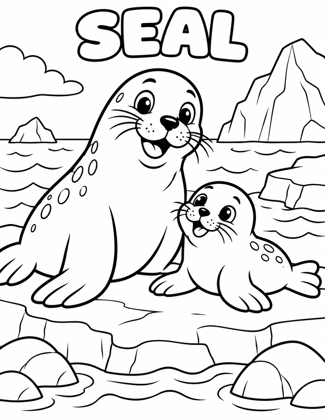 Black-and-white seal coloring page from Renn's Zoo Animals collection: a seal and pup relax on the rocks by the sea.