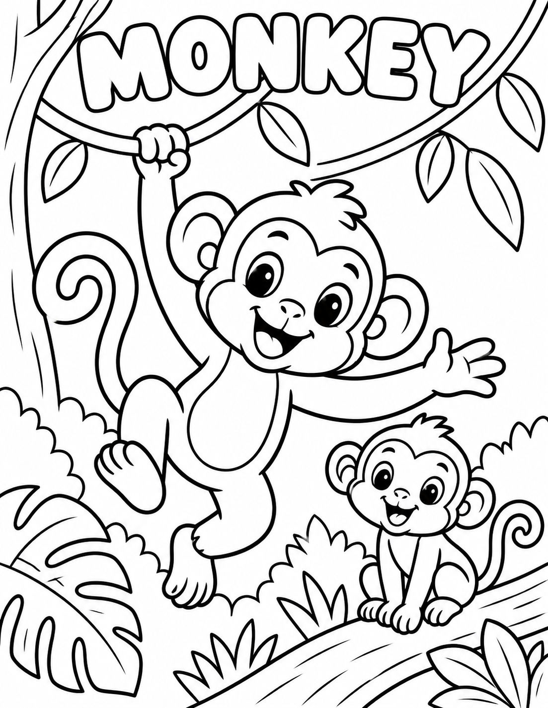 Black-and-white monkey coloring page from Renn's Zoo Animals collection: a playful monkey swings from a vine while a little one watches.