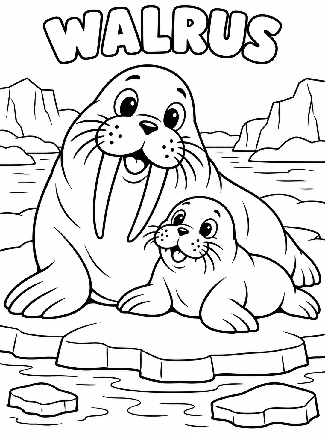 Black-and-white walrus coloring page from Renn's Zoo Animals collection: a walrus and pup rest on the ice.