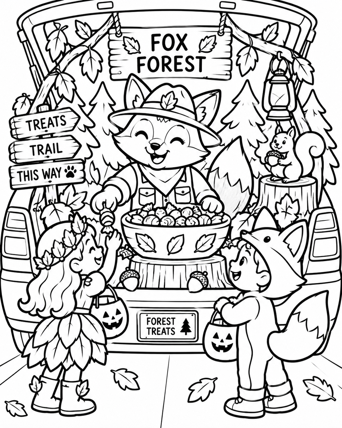 Black-and-white fox forest trunk coloring page from Renn's Trunk-or-Treat Coloring & Activity collection: a friendly fox hands out treats along the Treats Trail in the woods.
