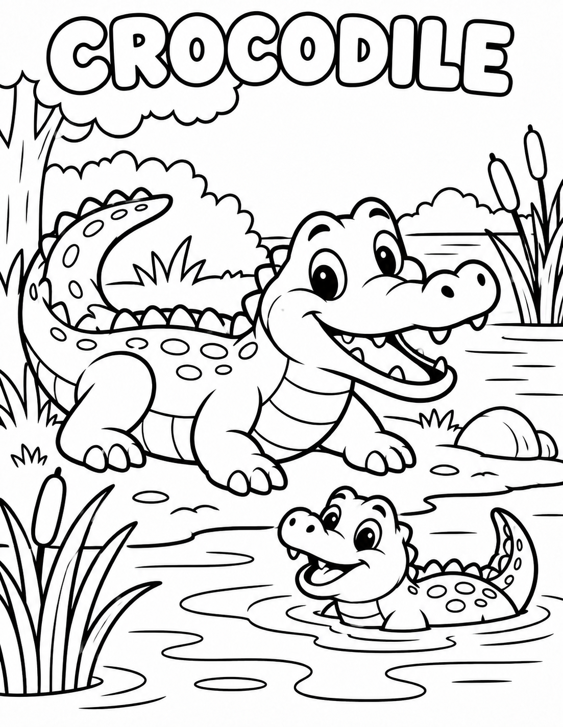 Black-and-white crocodile coloring page from Renn's Zoo Animals collection: a crocodile and little hatchling rest at the edge of the water.