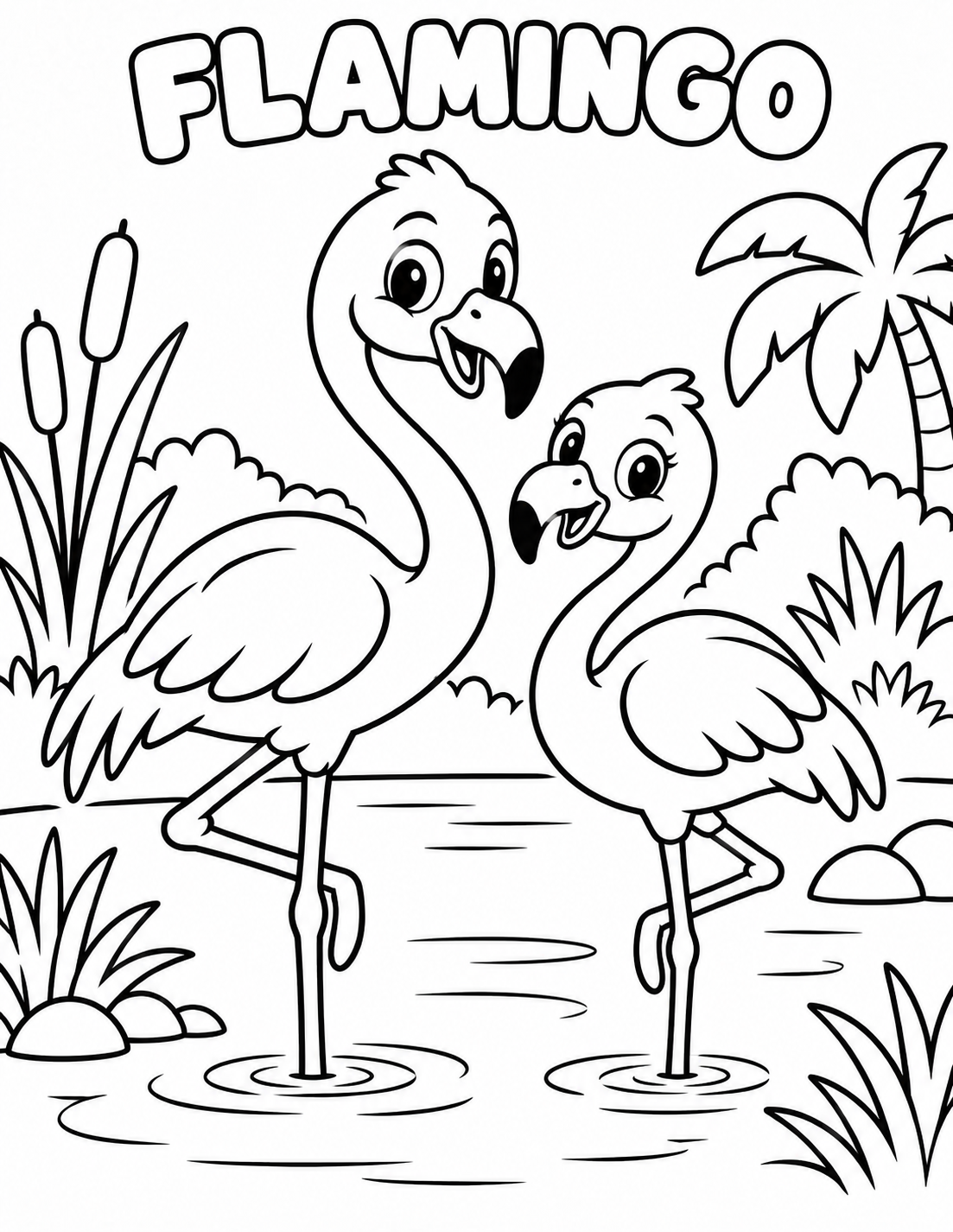 Black-and-white flamingo coloring page from Renn's Zoo Animals collection: two flamingos balance on one leg in a calm pond.