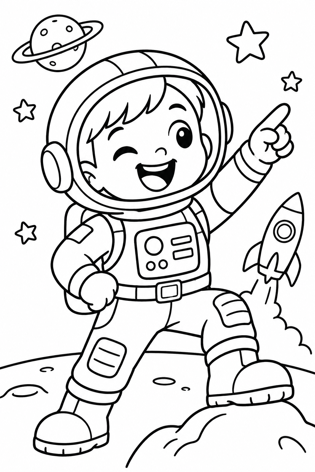 Black-and-white astronaut costume coloring page from Renn's Trunk-or-Treat Coloring & Activity collection: a cheerful astronaut points to the stars from the moon, with a rocket and a ringed planet.