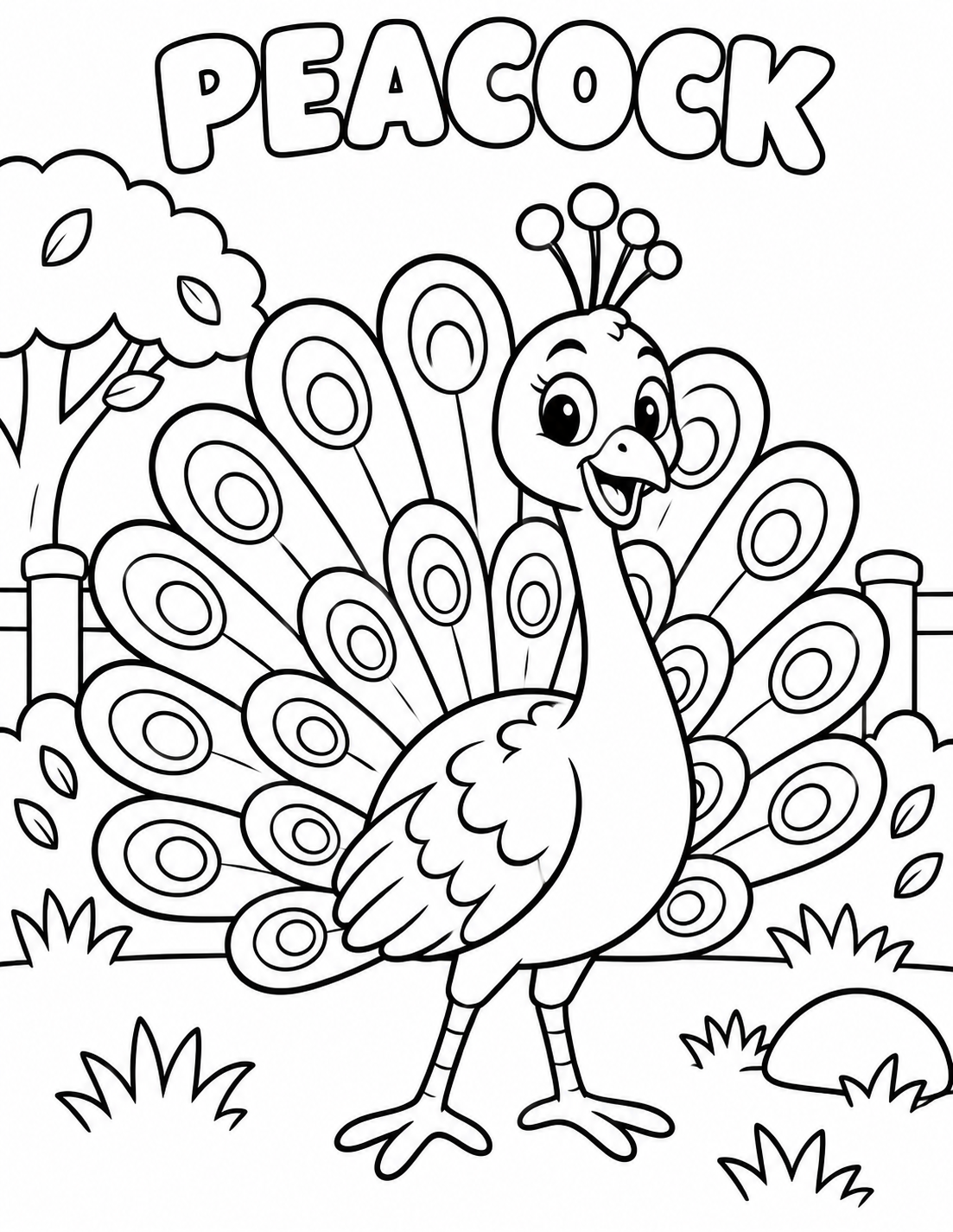 Black-and-white peacock coloring page from Renn's Zoo Animals collection: a peacock shows off its beautiful fanned tail feathers.