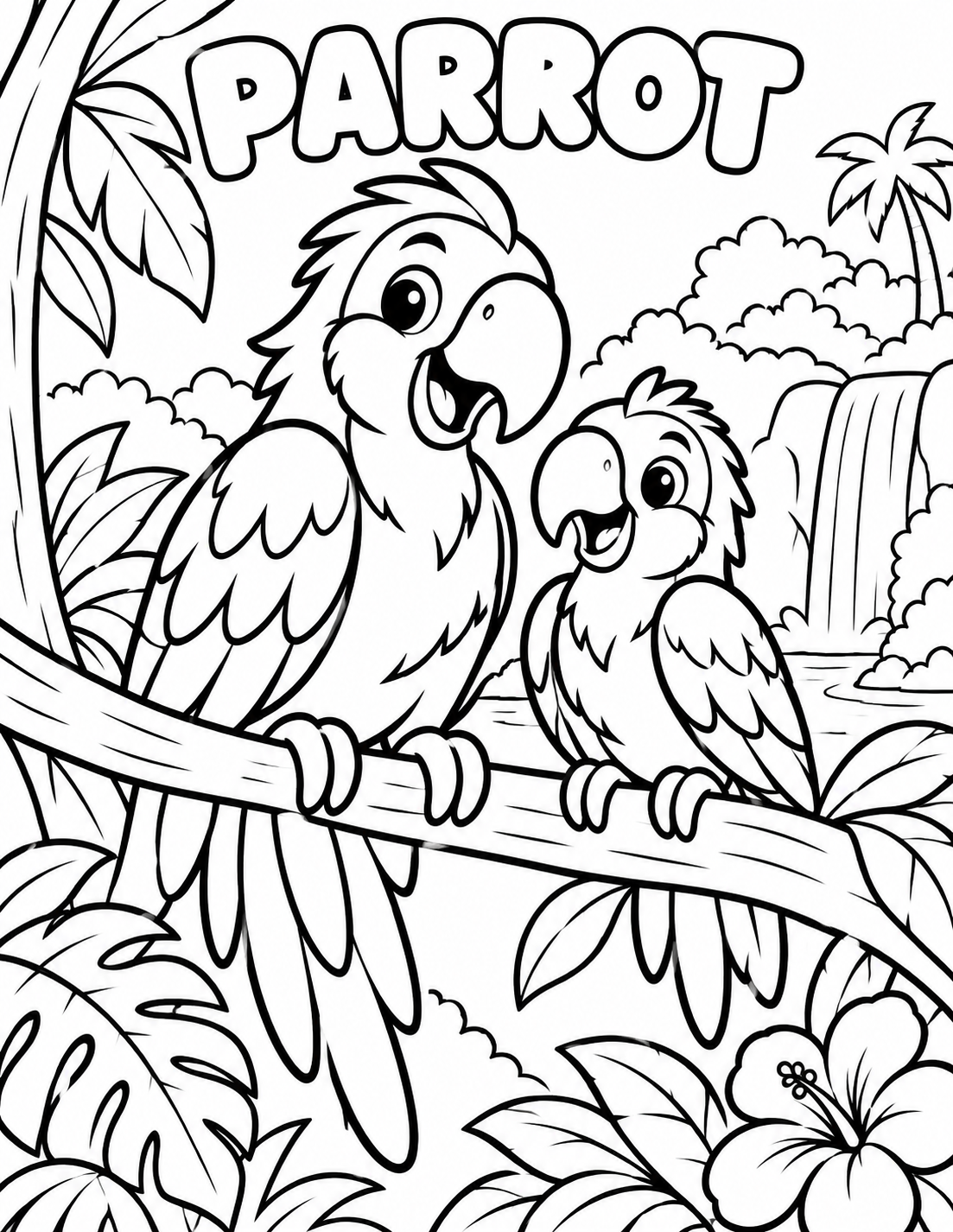 Black-and-white parrot coloring page from Renn's Zoo Animals collection: two colorful parrots perch on a branch in the rainforest.