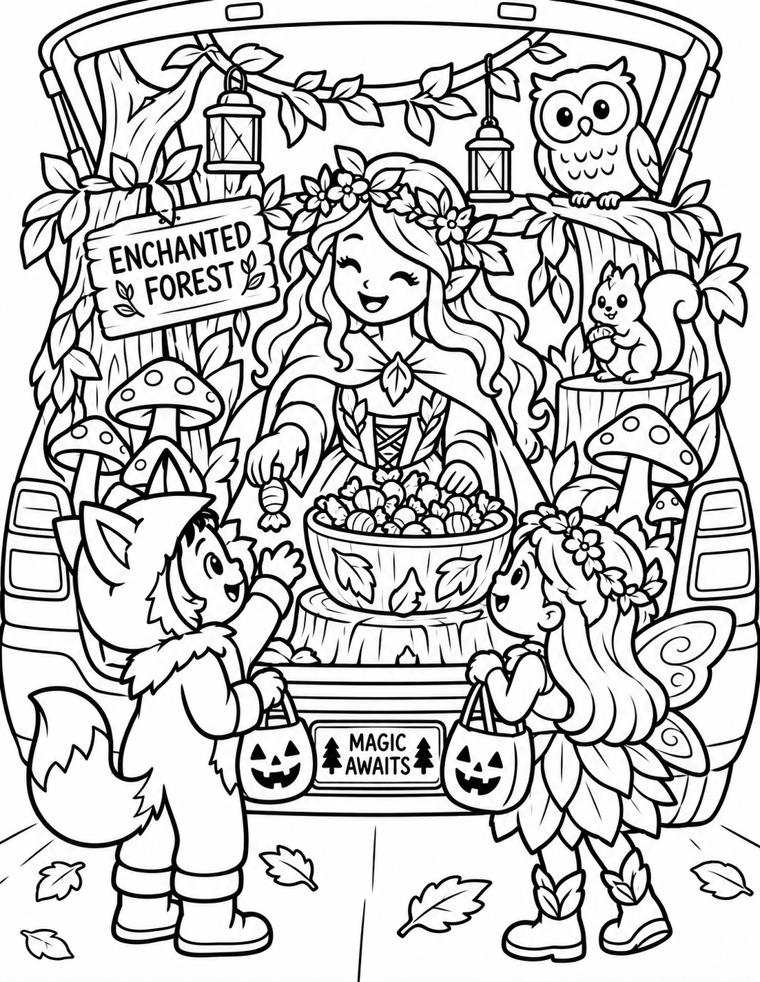 Black-and-white enchanted forest trunk coloring page from Renn's Trunk-or-Treat Coloring & Activity collection: a forest fairy, an owl and glowing mushrooms make a magical Enchanted Forest.