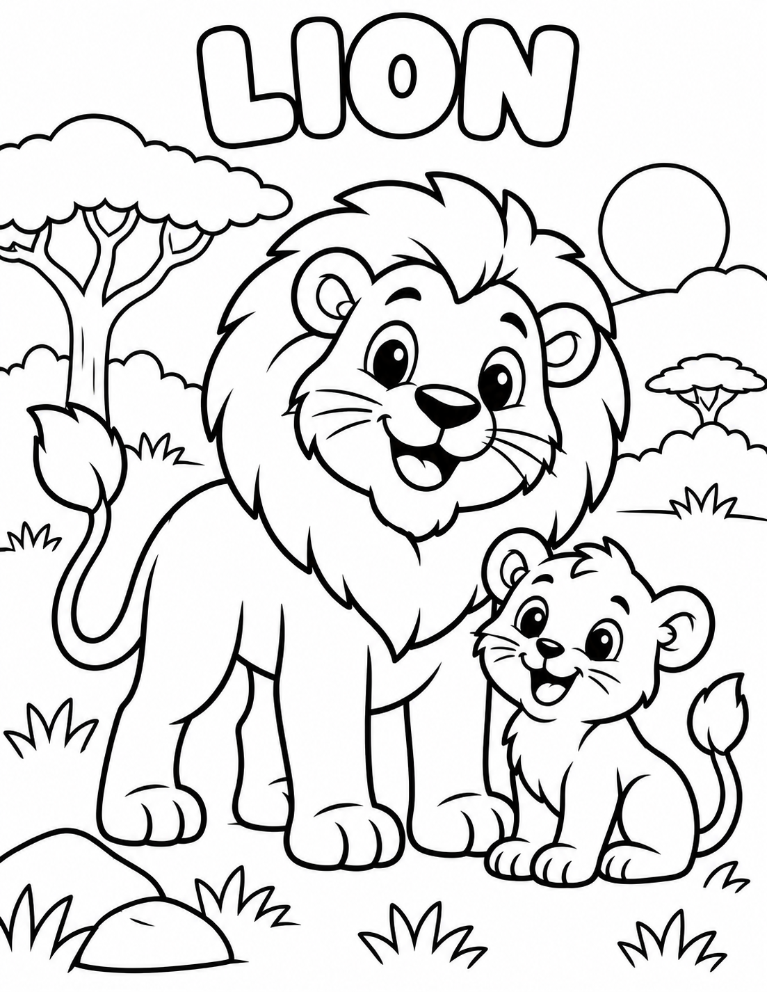 Black-and-white lion coloring page from Renn's Zoo Animals collection: a proud lion and cub sit together on the savanna.