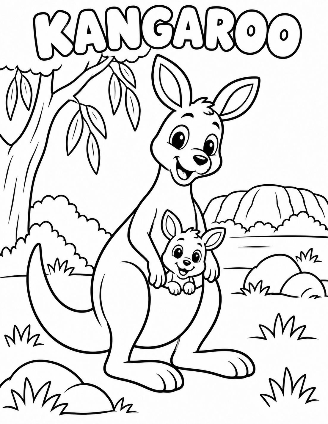 Black-and-white kangaroo coloring page from Renn's Zoo Animals collection: a kangaroo carries a joey in its pouch in the outback.