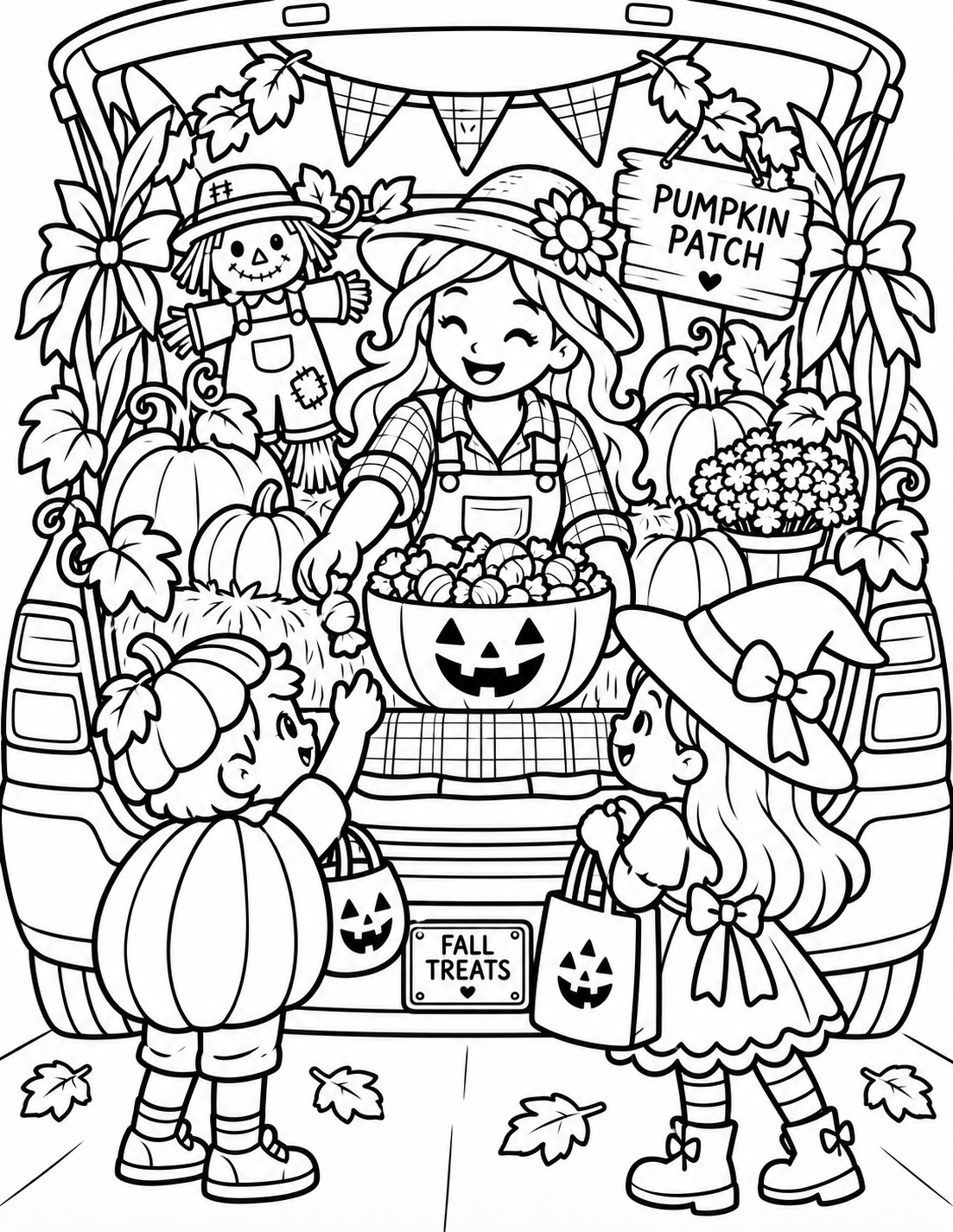 Black-and-white pumpkin patch trunk coloring page from Renn's Trunk-or-Treat Coloring & Activity collection: a pumpkin patch trunk full of jack-o'-lanterns, a scarecrow and Fall Treats.