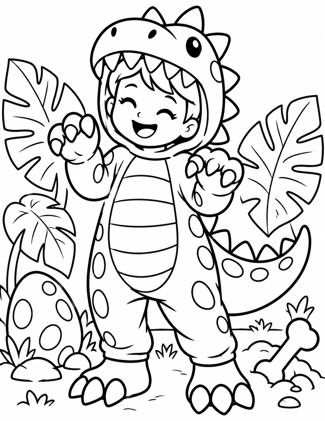 Black-and-white dinosaur costume coloring page from Renn's Trunk-or-Treat Coloring & Activity collection: a roaring-happy kid in a spotted dinosaur suit stands by a dino egg and big jungle leaves.