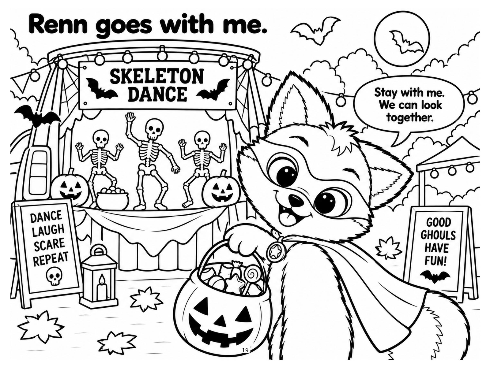 Black-and-white skeleton stage coloring page from Renn's Trunk-or-Treat collection: Renn stays close and looks at the Skeleton Dance stage together.