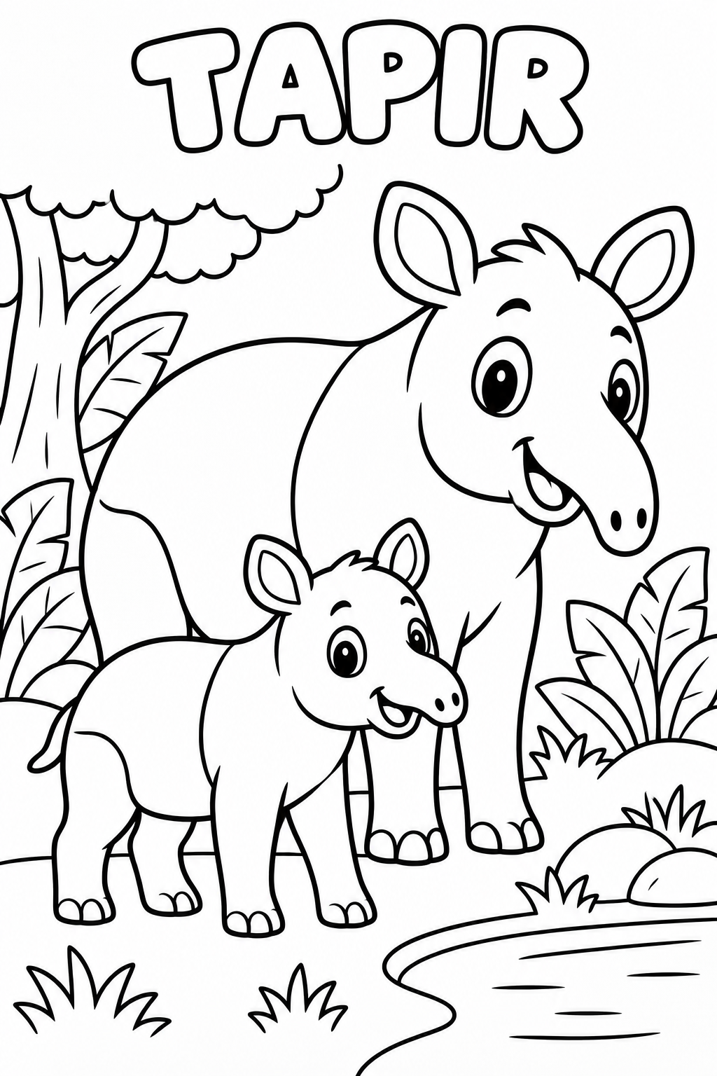 Black-and-white tapir coloring page from Renn's Zoo Animals collection: a tapir and baby walk by the water in the rainforest.