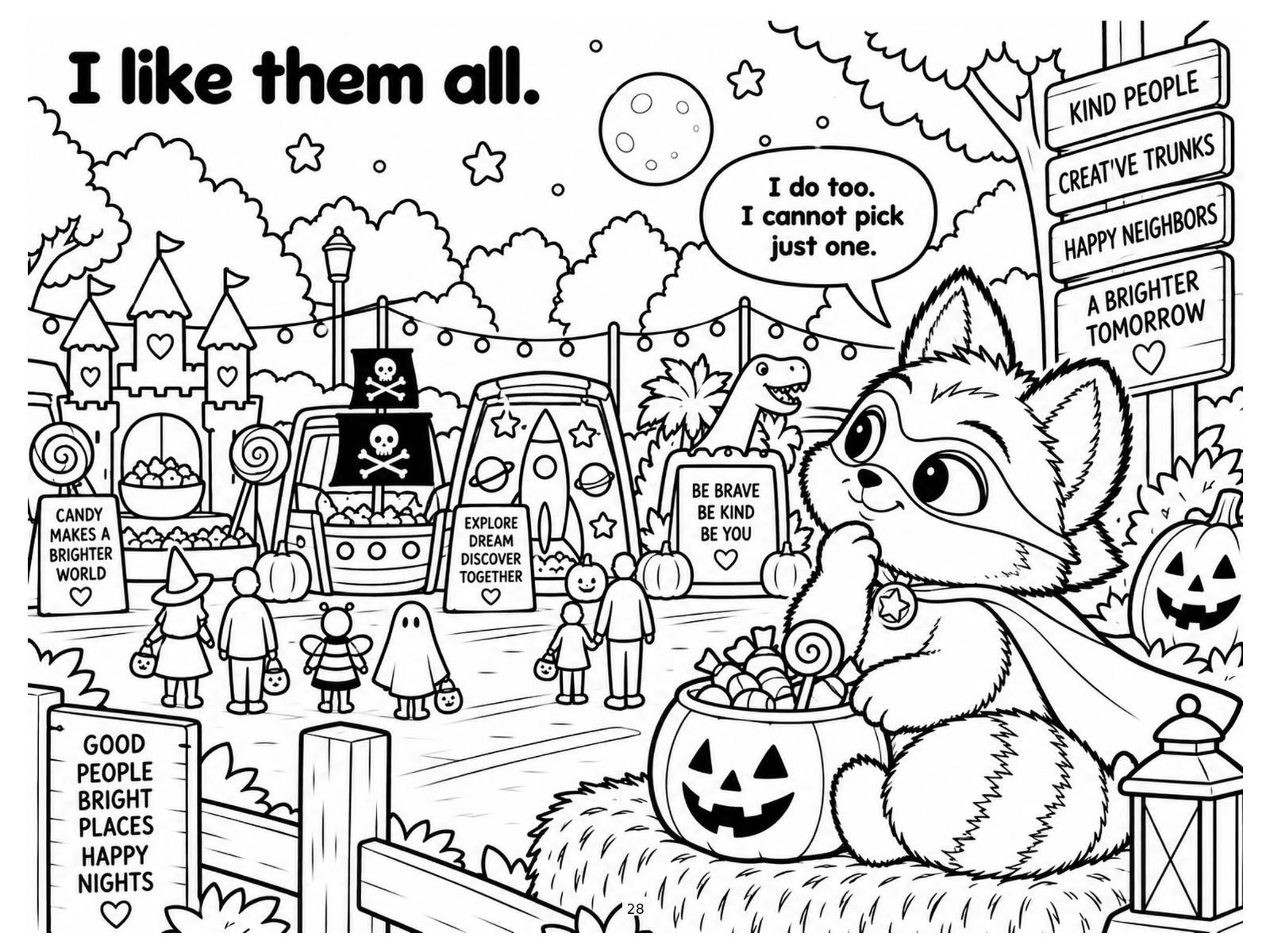 Black-and-white trunk-or-treat night coloring page from Renn's Trunk-or-Treat collection: Renn can't pick just one favorite among all the trunks.
