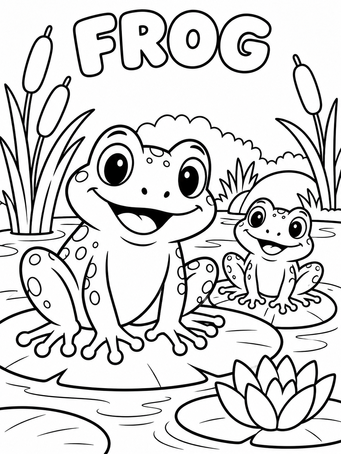 Black-and-white frog coloring page from Renn's Zoo Animals collection: a happy frog and a little froggy friend sit by the lily pads.