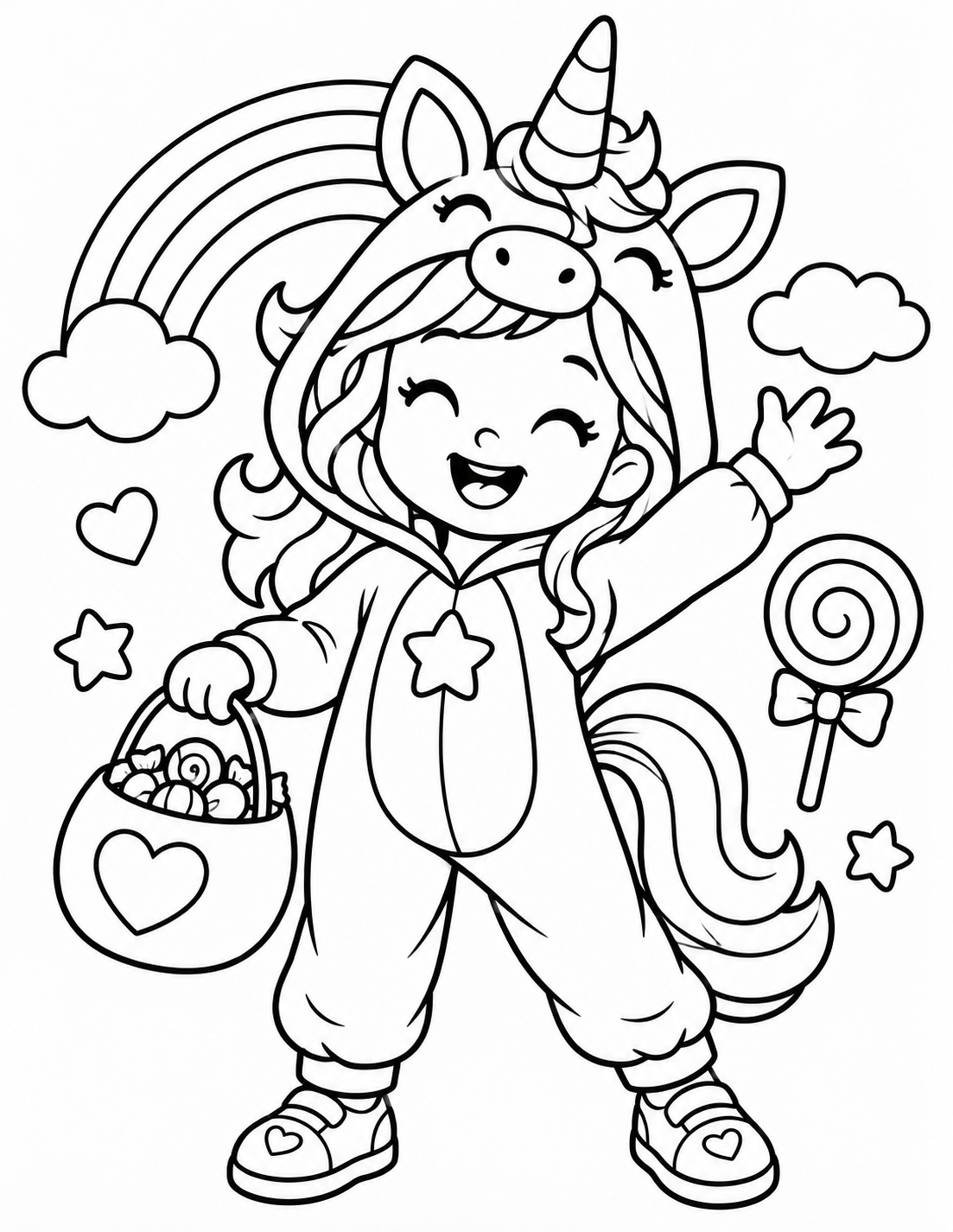 Black-and-white unicorn costume coloring page from Renn's Trunk-or-Treat Coloring & Activity collection: a unicorn-costumed kid with a treat basket, a lollipop, a rainbow and floating hearts.