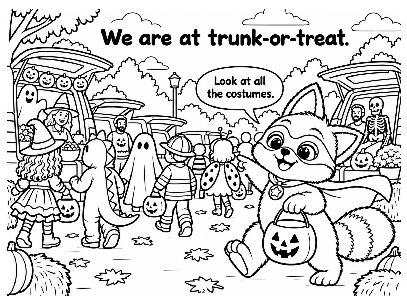 Black-and-white costume parade coloring page from Renn's Trunk-or-Treat collection: kids in ghost, dinosaur and witch costumes walk past the trunks with Renn.
