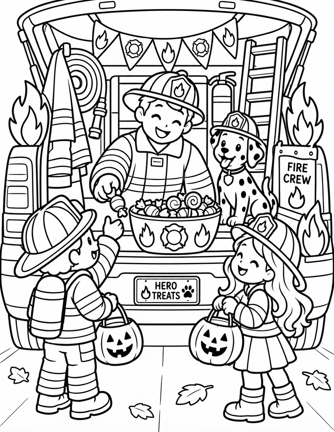 Black-and-white fire crew trunk coloring page from Renn's Trunk-or-Treat Coloring & Activity collection: a firefighter and a spotted puppy share Hero Treats with little firefighters.