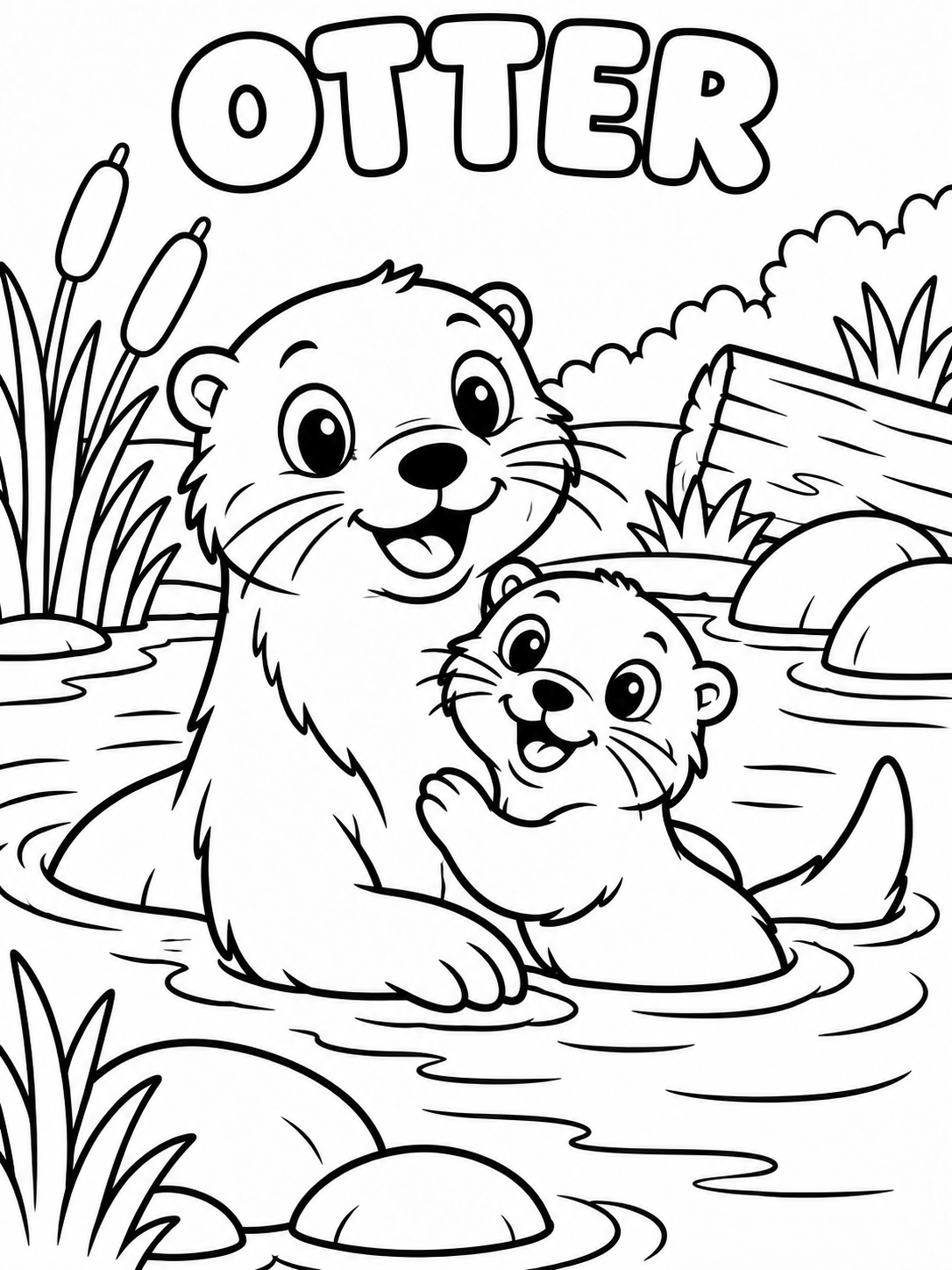 Black-and-white otter coloring page from Renn's Zoo Animals collection: an otter and pup float together in a gentle river.