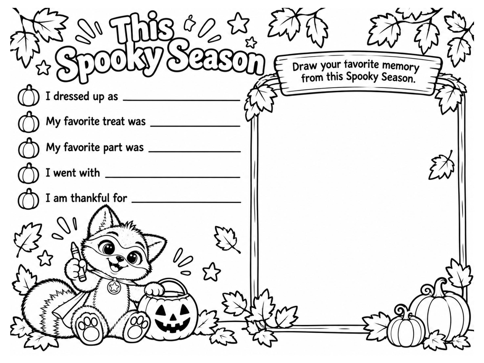 Black-and-white my spooky season memories coloring page from Renn's Trunk-or-Treat collection: a fill-in page to write about your costume and draw your favorite memory.