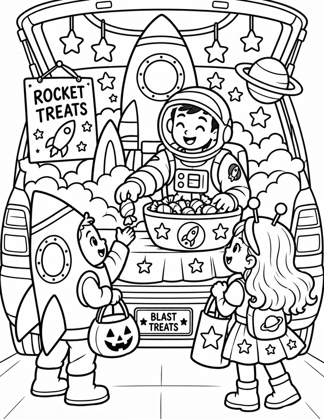 Black-and-white rocket treats trunk coloring page from Renn's Trunk-or-Treat Coloring & Activity collection: an astronaut hands out Blast Treats beside a tall rocket and planets.