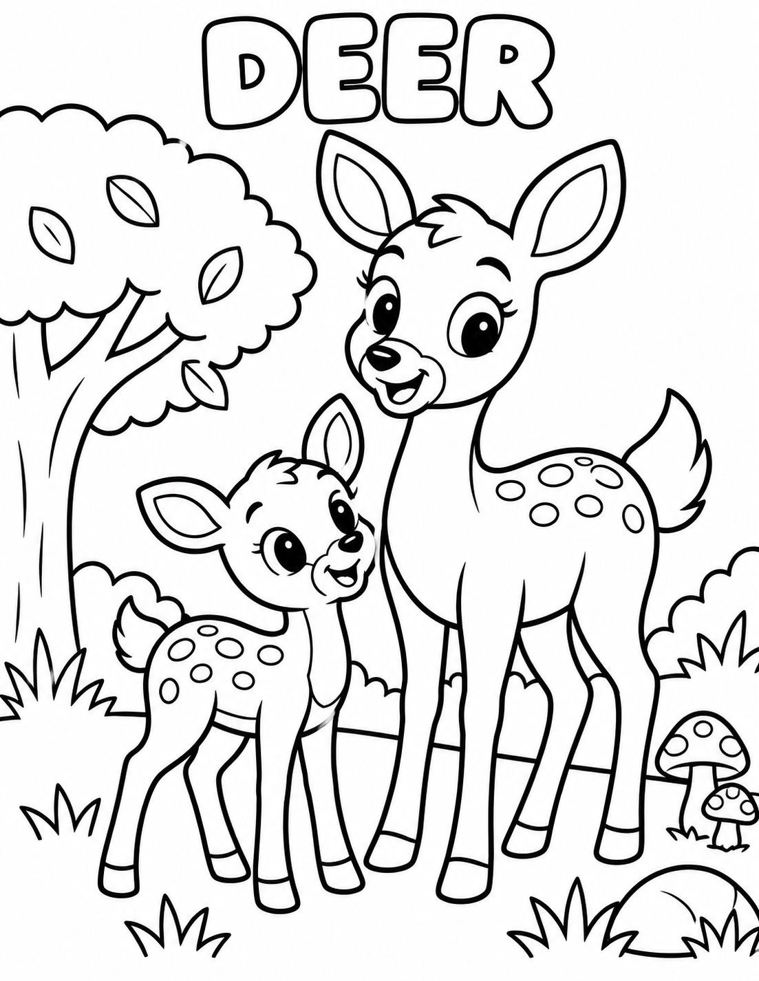Black-and-white deer coloring page from Renn's Zoo Animals collection: a gentle deer and spotted fawn stand in a leafy forest.