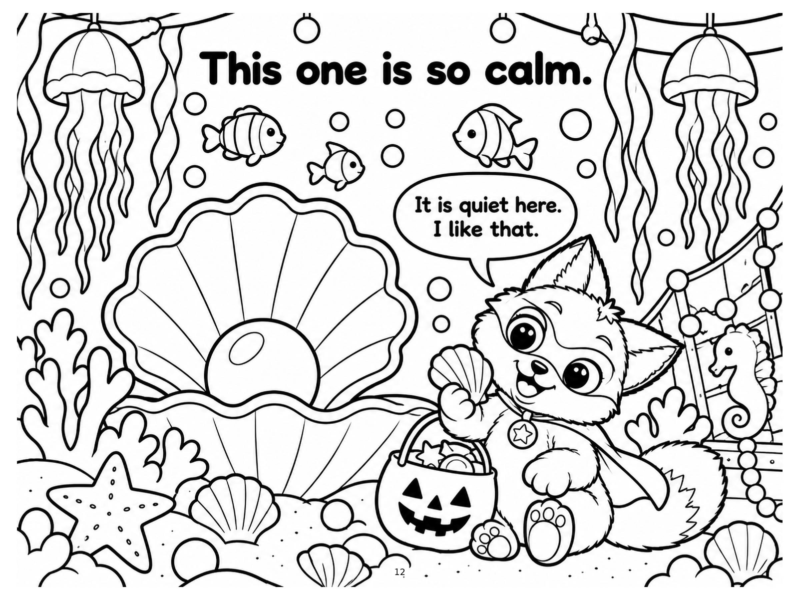 Black-and-white giant seashell coloring page from Renn's Trunk-or-Treat collection: a calm, quiet scene with a big open shell, starfish and coral.