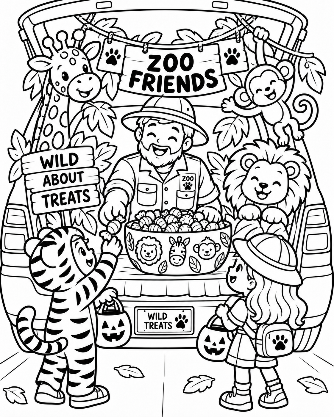 Black-and-white zoo friends trunk coloring page from Renn's Trunk-or-Treat Coloring & Activity collection: a zookeeper, a lion and a giraffe are Wild About Treats at the Zoo Friends trunk.