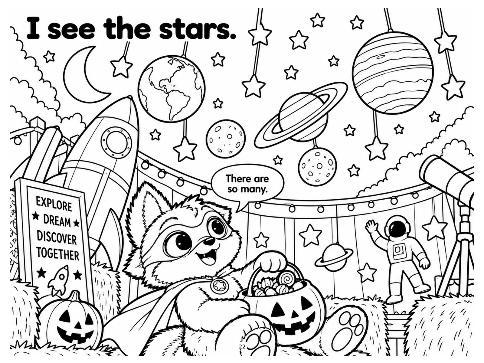 Black-and-white starry space sky coloring page from Renn's Trunk-or-Treat collection: Renn gazes up at stars, planets and a crescent moon.