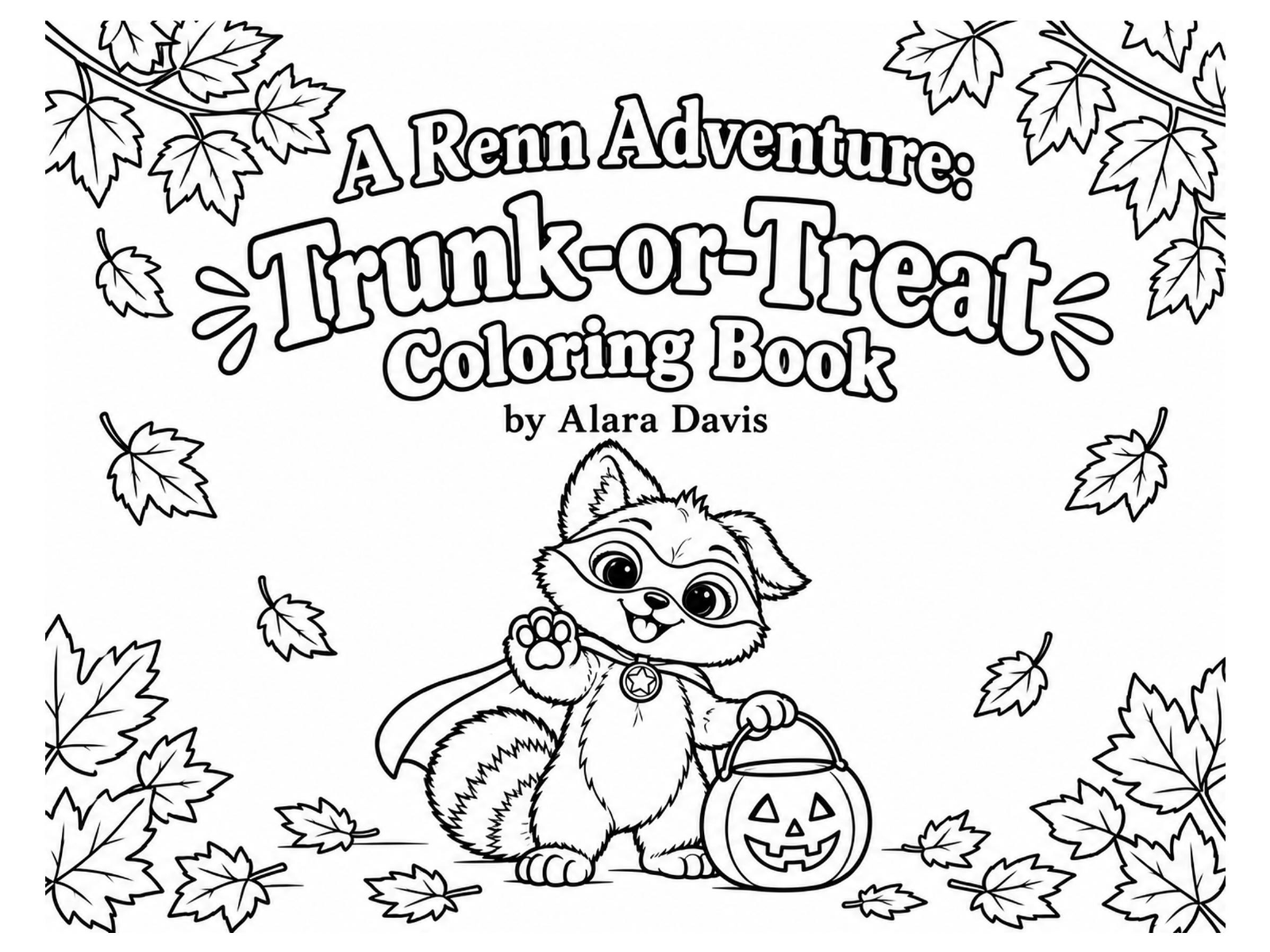 Black-and-white renn's trunk-or-treat cover coloring page from Renn's Trunk-or-Treat collection: the coloring book cover: Renn waves hello with a jack-o'-lantern bucket surrounded by falling leaves.