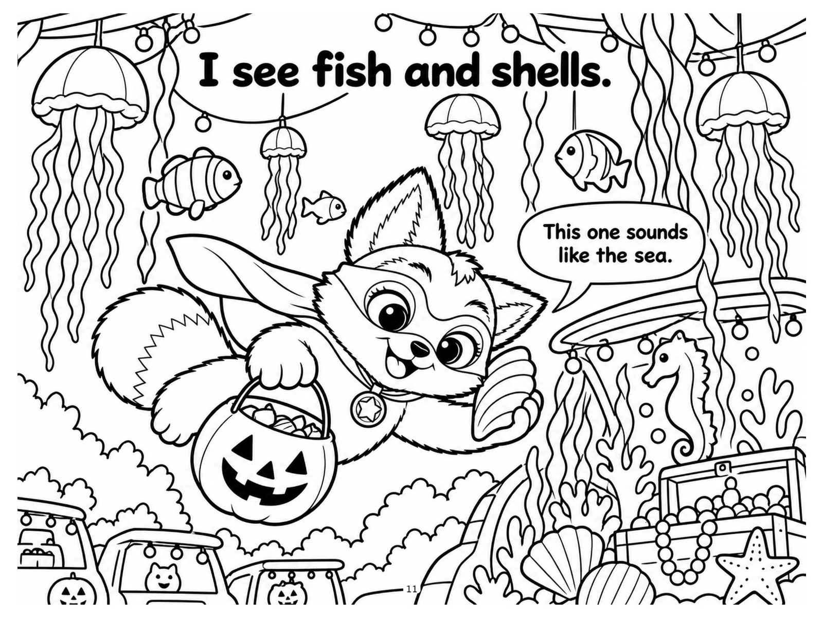 Black-and-white under the sea coloring page from Renn's Trunk-or-Treat collection: Renn floats among jellyfish, fish and seaweed at the ocean trunk.
