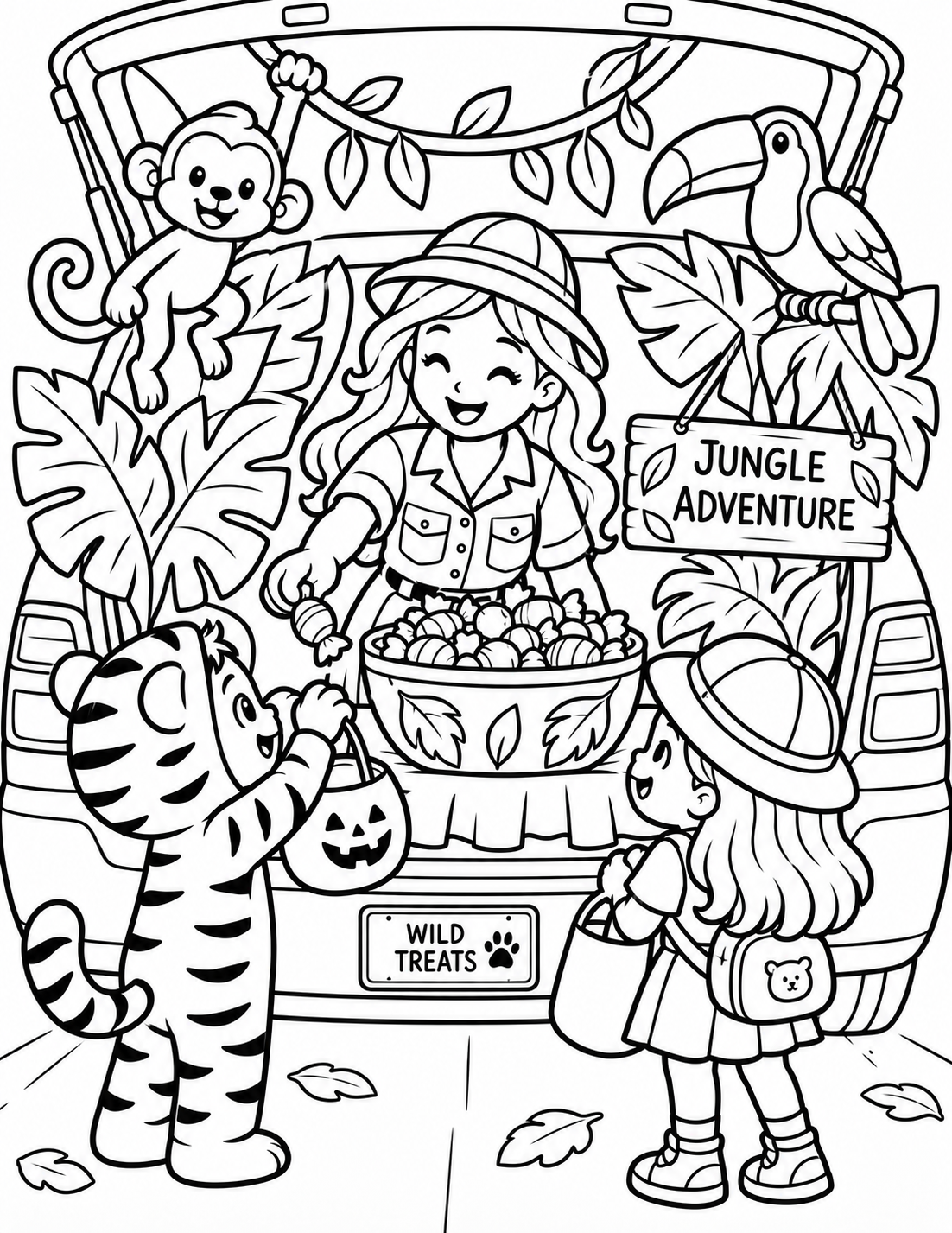 Black-and-white jungle adventure trunk coloring page from Renn's Trunk-or-Treat Coloring & Activity collection: a jungle explorer, a toucan and a monkey share Wild Treats with a tiger and a little friend.