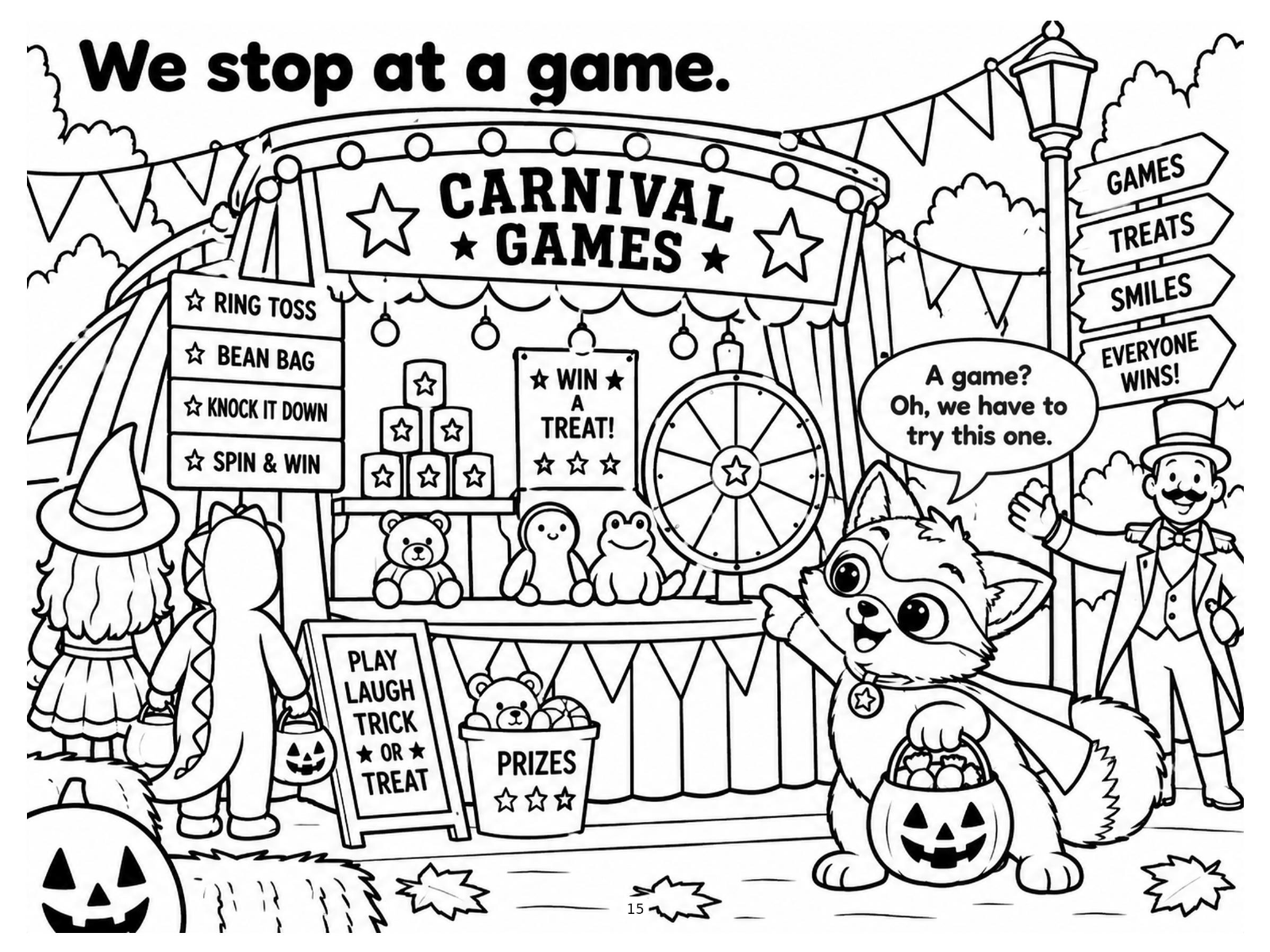 Black-and-white carnival game coloring page from Renn's Trunk-or-Treat collection: a striped carnival booth with ring toss, bean bags and a prize wheel.