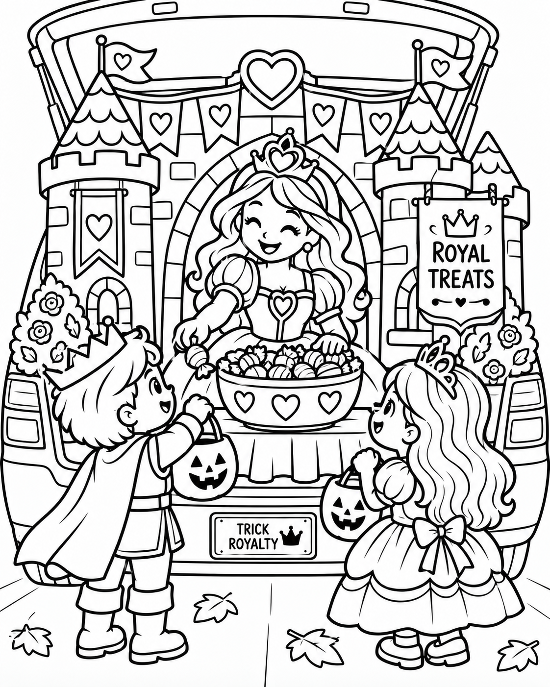 Black-and-white royal treats trunk coloring page from Renn's Trunk-or-Treat Coloring & Activity collection: a princess shares Royal Treats in front of a castle with a little prince.