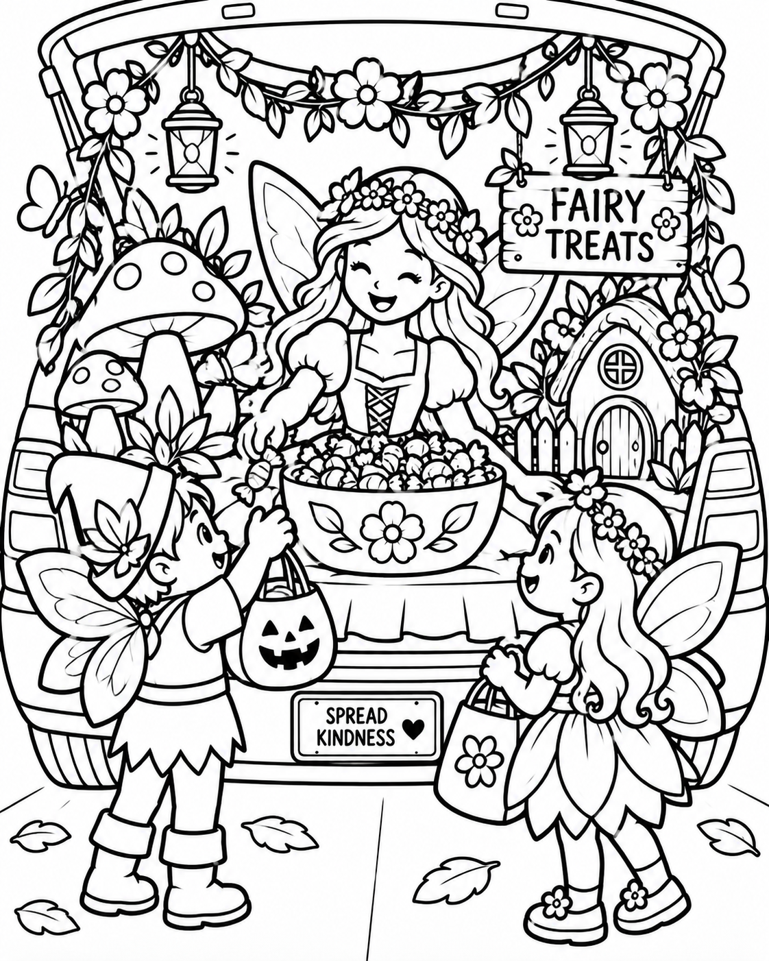Black-and-white fairy treats trunk coloring page from Renn's Trunk-or-Treat Coloring & Activity collection: a fairy with flower wings shares treats beside mushrooms and twinkling lanterns.