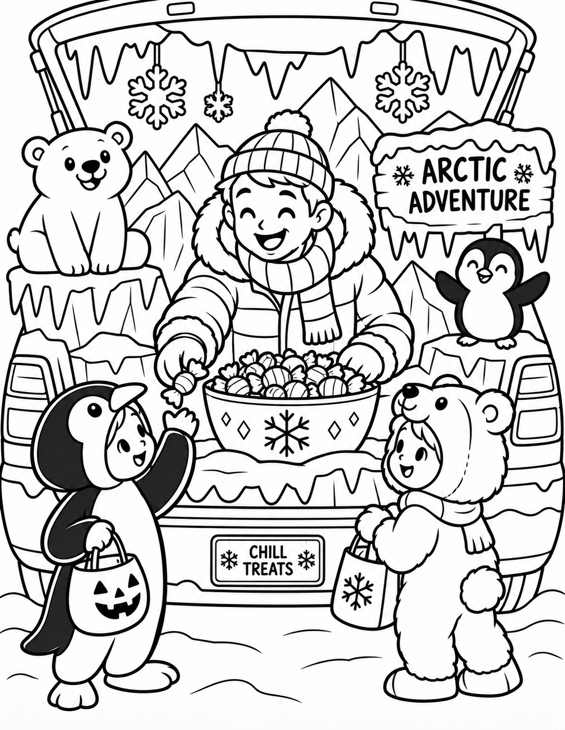 Black-and-white arctic adventure trunk coloring page from Renn's Trunk-or-Treat Coloring & Activity collection: a snowy trunk with a polar bear, penguin and Chill Treats for kids in cozy costumes.