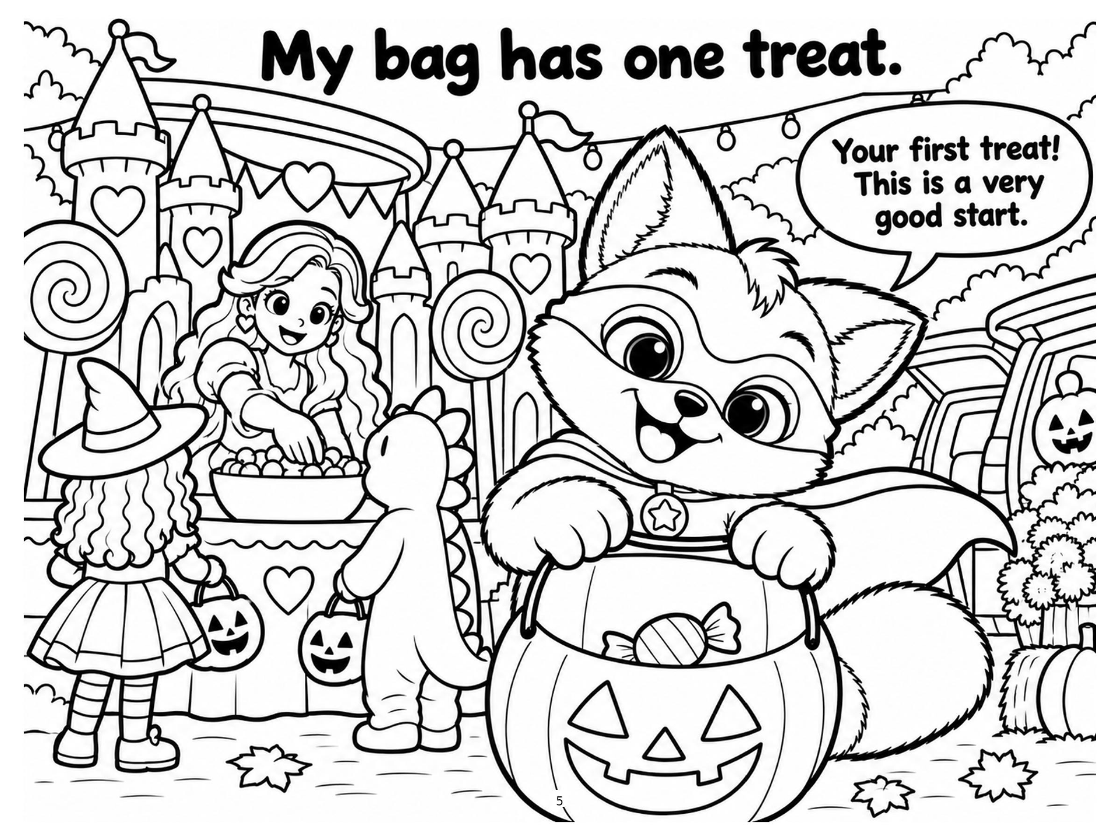 Black-and-white renn's first treat coloring page from Renn's Trunk-or-Treat collection: Renn peeks into the pumpkin bucket after getting the very first treat of the night.