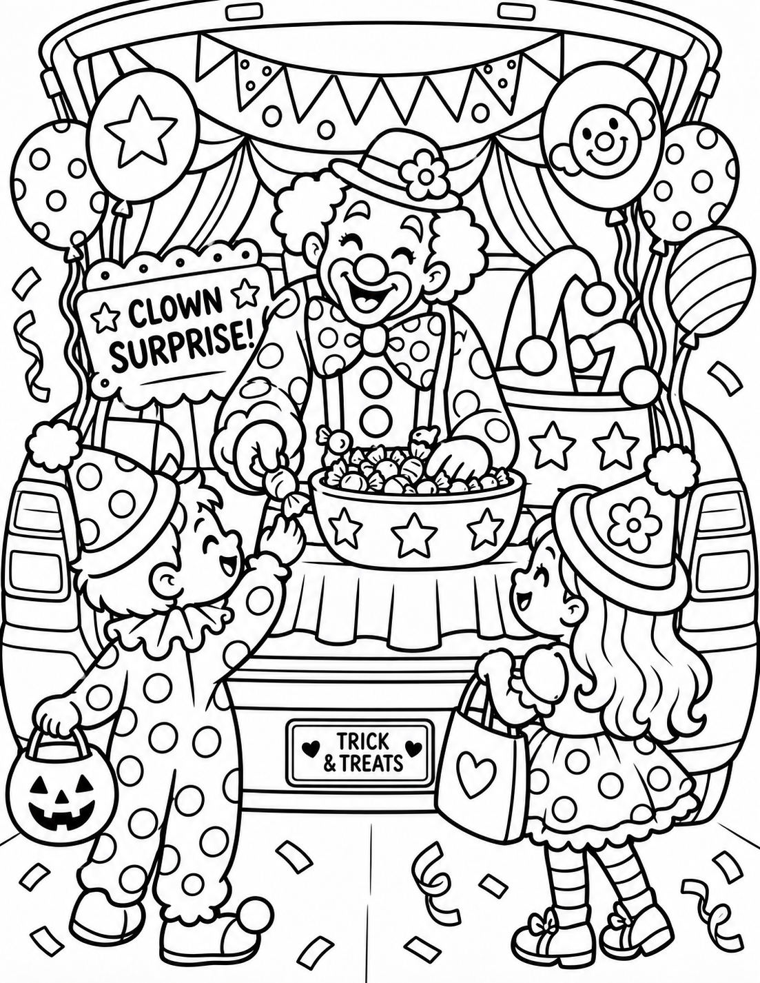 Black-and-white clown surprise trunk coloring page from Renn's Trunk-or-Treat Coloring & Activity collection: a smiling clown with balloons and bunting hands out Trick & Treats.