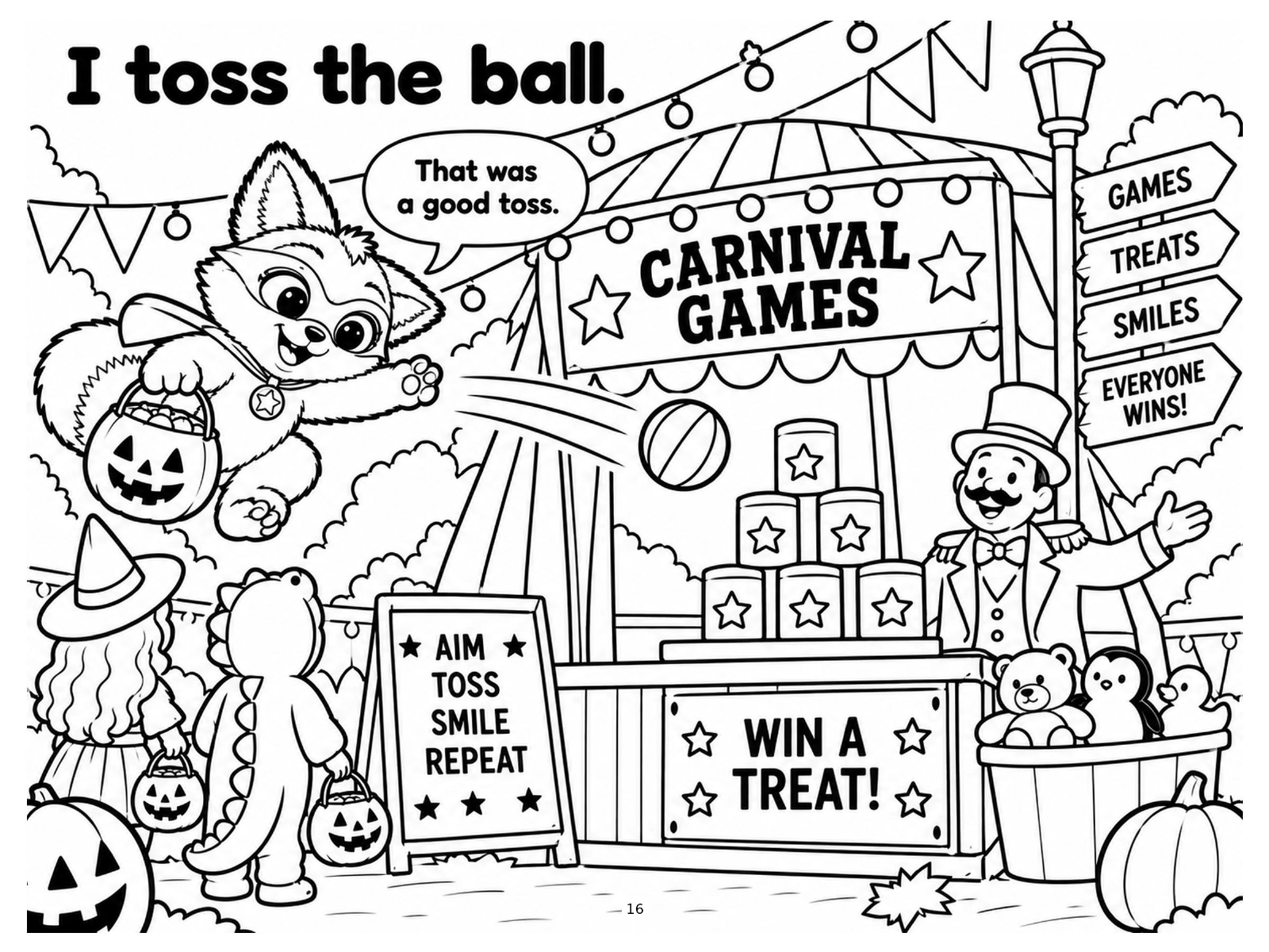 Black-and-white ball toss coloring page from Renn's Trunk-or-Treat collection: Renn tosses the ball at the carnival game while the ringmaster cheers.