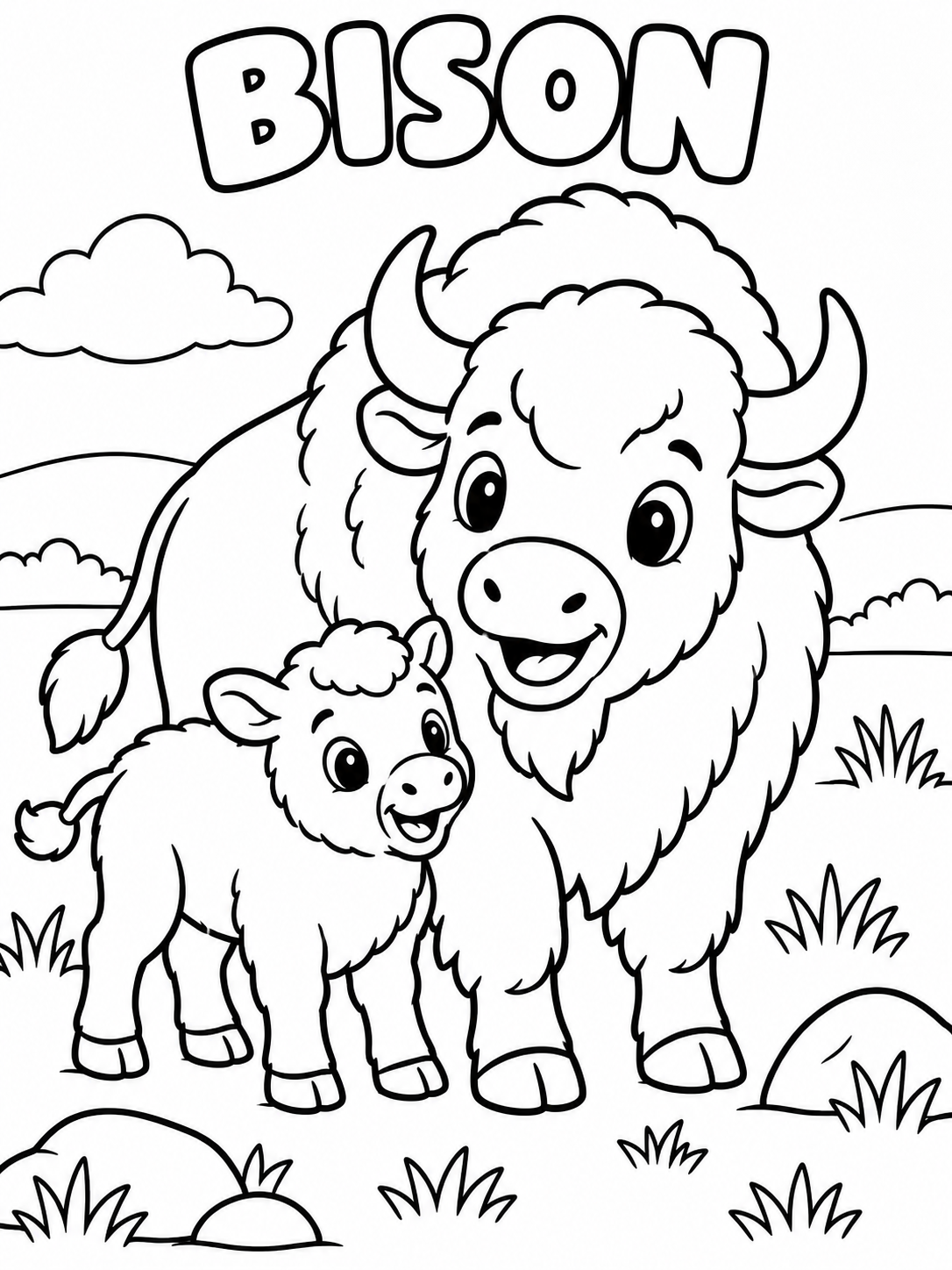 Black-and-white bison coloring page from Renn's Zoo Animals collection: a shaggy bison and calf graze on a grassy prairie.