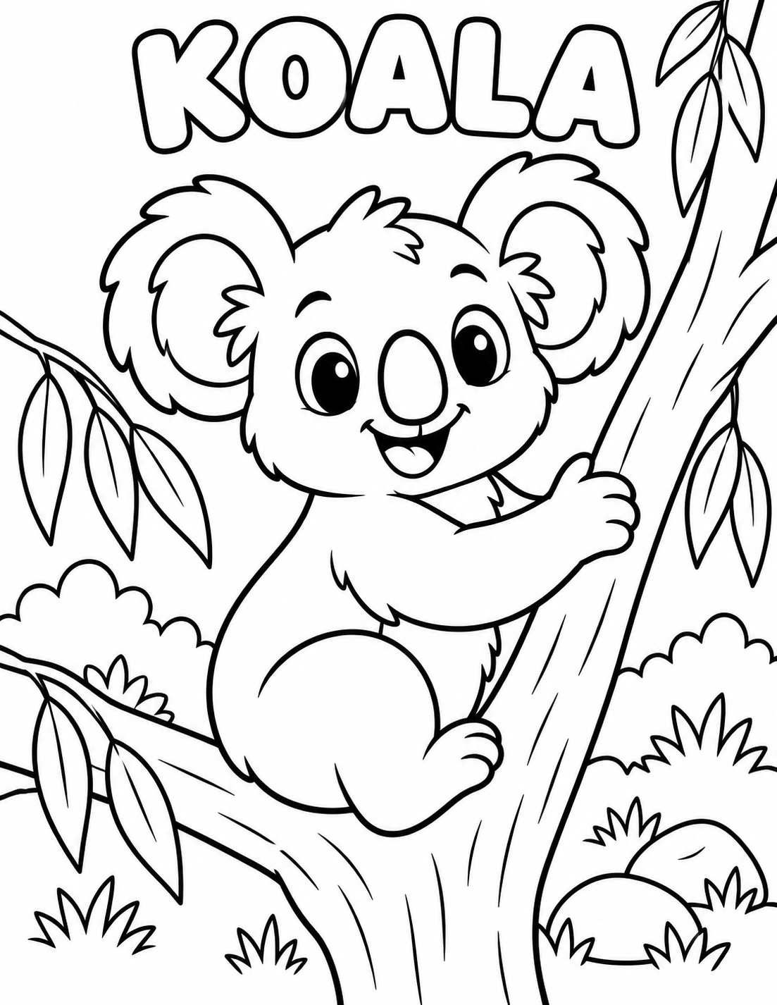 Black-and-white koala coloring page from Renn's Zoo Animals collection: a cuddly koala hugs a eucalyptus tree.
