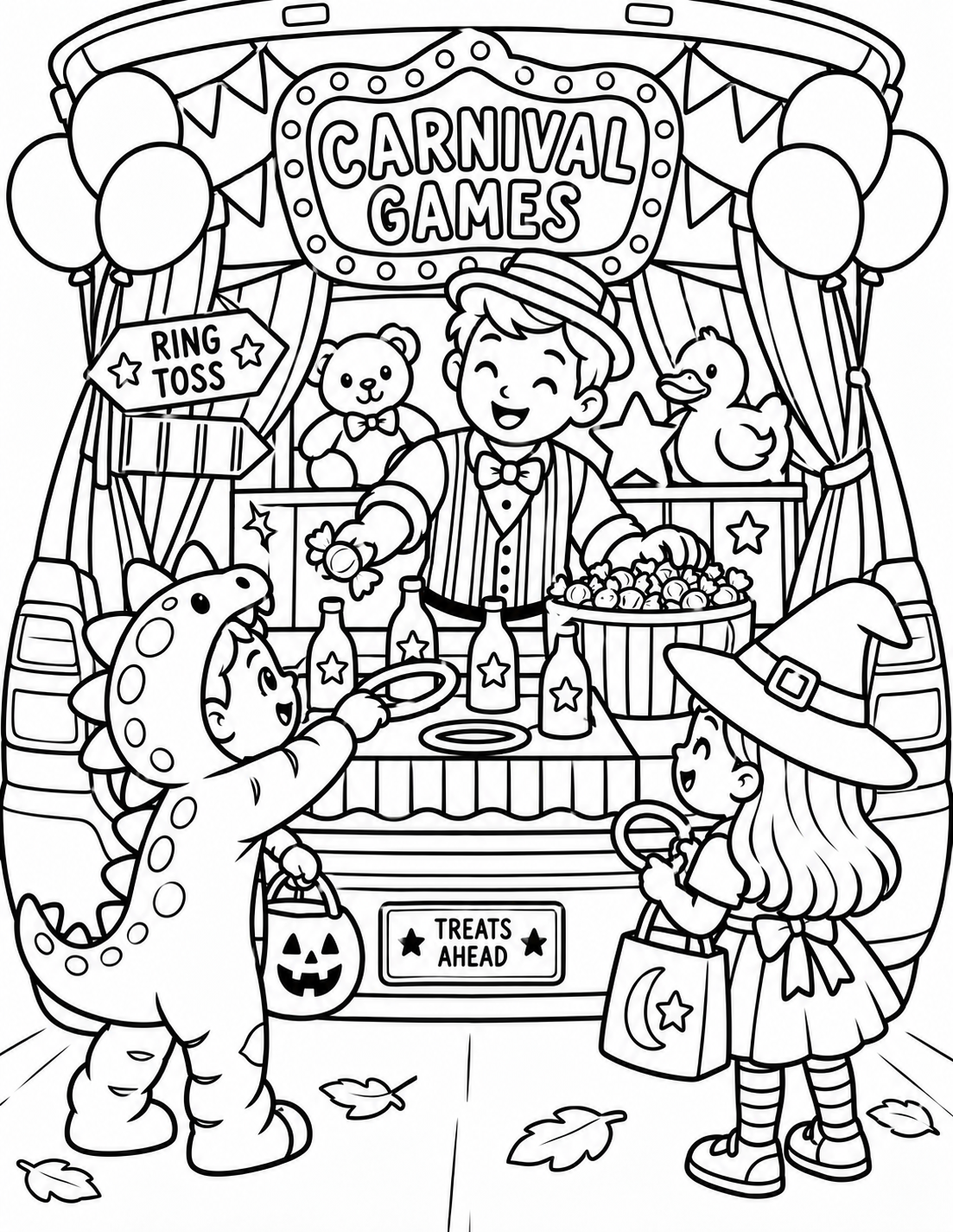 Black-and-white carnival games trunk coloring page from Renn's Trunk-or-Treat Coloring & Activity collection: a ring toss and prize booth trunk with balloons and a cheerful game host.