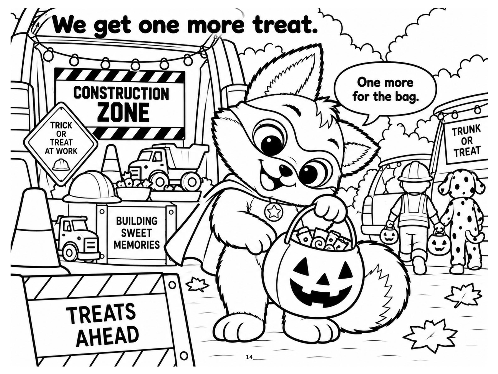 Black-and-white construction zone coloring page from Renn's Trunk-or-Treat collection: Renn collects one more treat beside traffic cones and Treats Ahead signs.