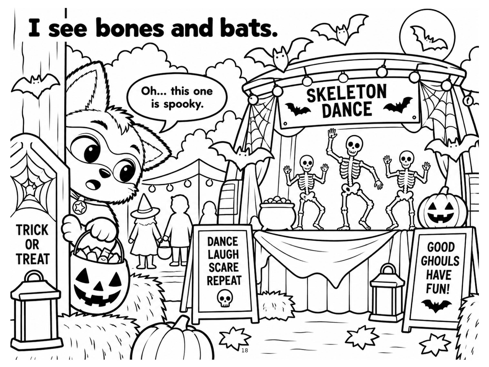 Black-and-white bones and bats coloring page from Renn's Trunk-or-Treat collection: friendly skeletons and little bats at the Skeleton Dance trunk.